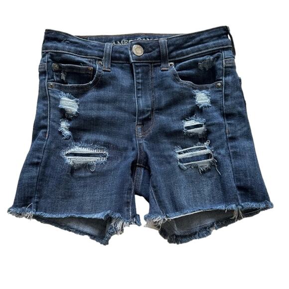 American Eagle Jean Shorts Next Level Stretch Hi Rise Shortie Distressed Size 0 - Picture 1 of 12